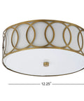 Lit 12.25-Inch Brass Gold 2-Light Sleek Modern Metal LED Flush Mount Ceiling Light With White Linen Drum Shade And Geometric Fretwork