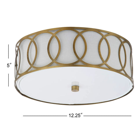Lit 12.25-Inch Brass Gold 2-Light Sleek Modern Metal LED Flush Mount Ceiling Light With White Linen Drum Shade And Geometric Fretwork