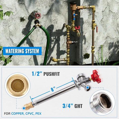Frost Free Sillcock 8 Inch Length Anti Siphon Hydrant Three Quarter Inch Hose Bibb To One Half Inch Push Adapter installation diagram