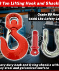 3 Ton Swivel Lifting Hook and D Ring Shackle Set With G80 Chain Hooks and Five Eighths Inch Shackle, 6600 Lbs Safe Working Load