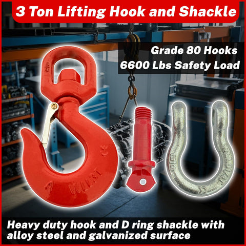 3 Ton Swivel Lifting Hook and D Ring Shackle Set With G80 Chain Hooks and Five Eighths Inch Shackle, 6600 Lbs Safe Working Load