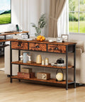 Heavy Duty 47 Inch Console Table With Upgraded Fabric Drawers And Spacious Three Tier Open Shelving Goes Smooth Behind Your Couch For Quick Living Room Update Rustic Brown Design showcasing open shelves and decorative items.