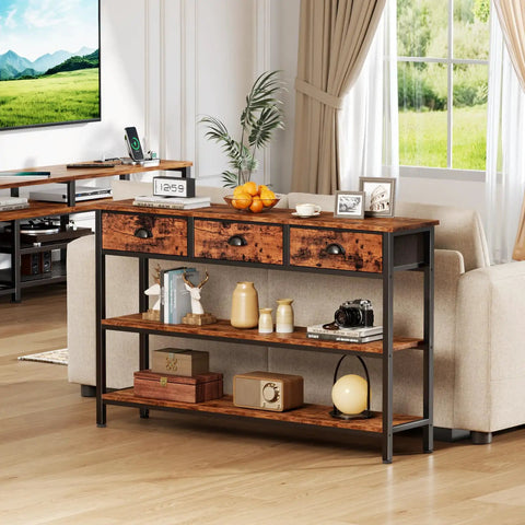 Heavy Duty 47 Inch Console Table With Upgraded Fabric Drawers And Spacious Three Tier Open Shelving Goes Smooth Behind Your Couch For Quick Living Room Update Rustic Brown Design showcasing open shelves and decorative items.