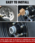 Two Pack Trailer Wheel Hub Dust Caps With Four Rubber Plugs And Grease Covers installation view, using rubber mallet on axle.