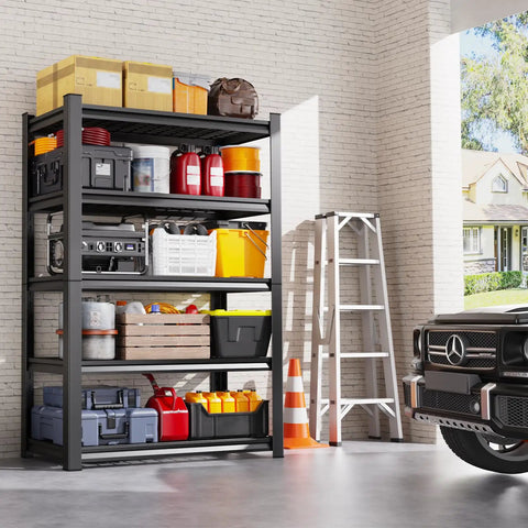 Beefy 5-Tier Wire Garage Shelving Unit With Adjustable Shelves, 2500 Lbs Capacity, Industrial Steel Storage Rack For Shop, Warehouse, Basement, Pantry And Garage Organization, black steel shelving with tools and bins