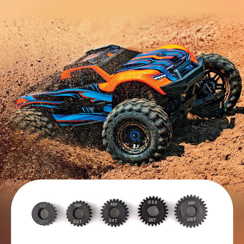 Power Packed 48DP Pinion Gear Set For 1 To 10 RC Cars with five hardened steel gears 20T to 28T featuring 5mm holes and M4 screws
