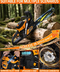 63Cc Gas Powered Chainsaw With 20 Inch Bar And 2 Chains And Bars, Heavy Duty 2-Cycle Engine For Tree Felling, Logging, And Firewood Cutting A Real Workhorse For Farm Backyard And Job Site Chops Through Hardwood Like Butter shown in forest setting with close-ups of chain, vents, carburetor.