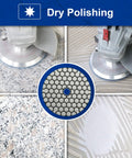 Dry Diamond Polishing Pads 4 Inch Set Of 7 With Rubber Backer For Granite, Marble, and Stone in use on surfaces.