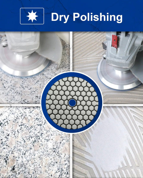 Dry Diamond Polishing Pads 4 Inch Set Of 7 With Rubber Backer For Granite, Marble, and Stone in use on surfaces.
