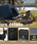 Person relaxing in Comfy Hammock Chair With Canopy And Detachable Footrest near tent, showing cup holder and storage bag details.