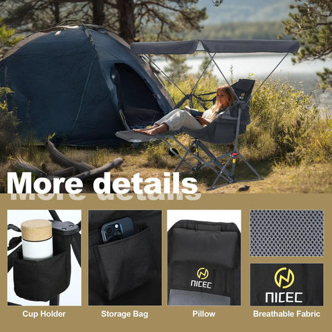Person relaxing in Comfy Hammock Chair With Canopy And Detachable Footrest near tent, showing cup holder and storage bag details.