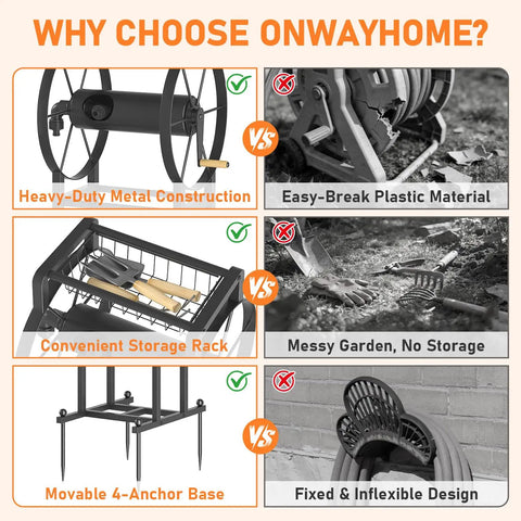 Comparison of Heavy-Duty Hose Reel Stand with Storage Rack vs plastic reel, storage rack vs messy garden, 4-anchor vs fixed base.