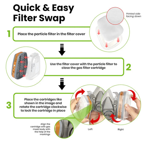 Quick and easy filter swap instructions for M500 Reusable Respirator Mask With A1P2 Filters For Painting Woodworking Construction Sanding Spraying Chemicals DIY Dual Filtration System All Day Comfort Anti Gas Dust Protection.