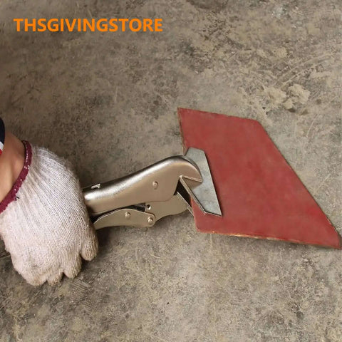 8-Inch Sheet Metal Bender Hand Seamer Locking Tool with gloved hand using vise grip clamps on concrete surface