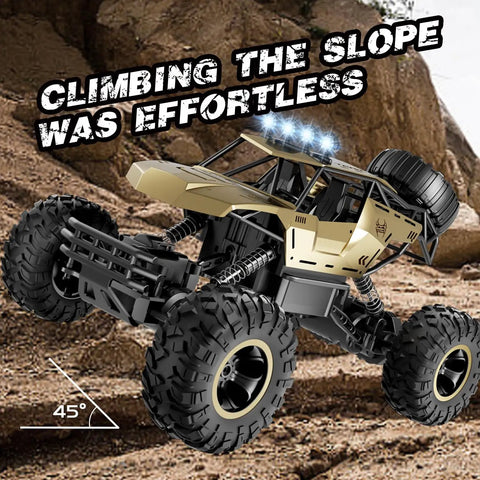Rugged 1:12 Scale RC Monster Truck With Durable Metal Body climbing a rocky slope, LED headlights on, all-terrain tires gripping terrain.