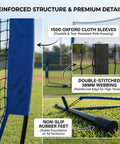 Close-up of Baseball L Screen Pitching Net 7x7 Portable Pitcher Protector showing reinforced structure, cloth sleeves, and rubber feet.