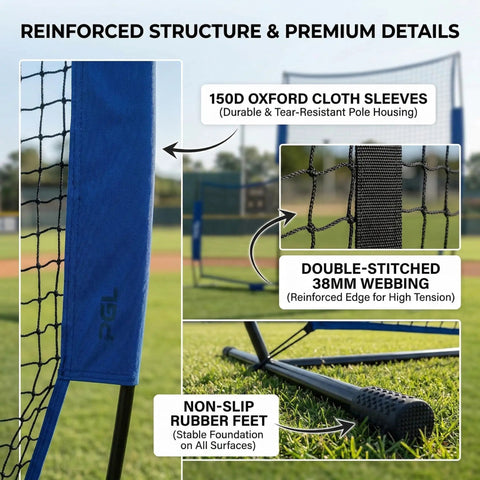 Close-up of Baseball L Screen Pitching Net 7x7 Portable Pitcher Protector showing reinforced structure, cloth sleeves, and rubber feet.