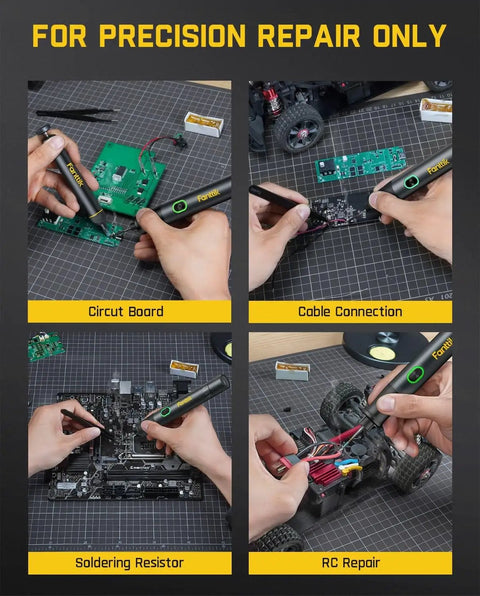Hands using T1 Max Cordless Soldering Iron Kit With 7 Second Heat Up for circuit board, cable, resistor, and RC repair.