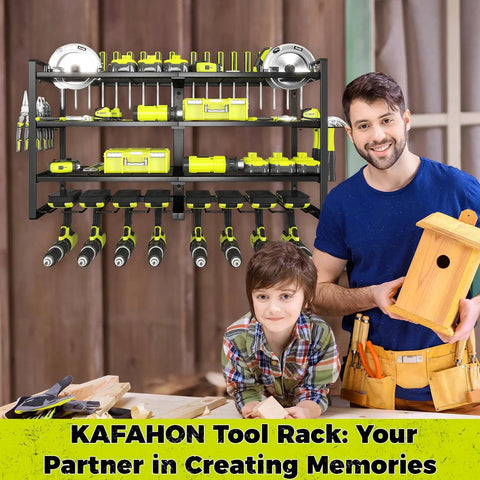 Beefy 4 Tier Power Tool Organizer Wall Mount Rack For 8 Cordless Drills Plus Hammer Screwdriver Holders in garage