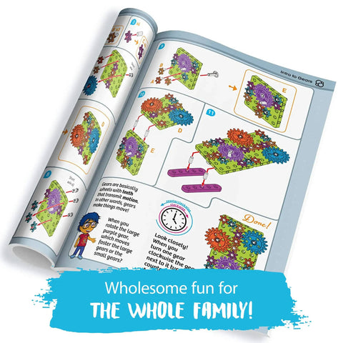 Open instruction manual for Kids First Gears STEM Kit For Ages 3 And Up Hands On Gear Powered Models Four Builds Learn Gears Power And Motion