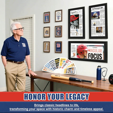 Man admiring wall-mounted Newspaper Display Frame Set Premium Wood With Clear Acrylic Panel Fits 11 By 22 Up To 13 By 24 Newspapers