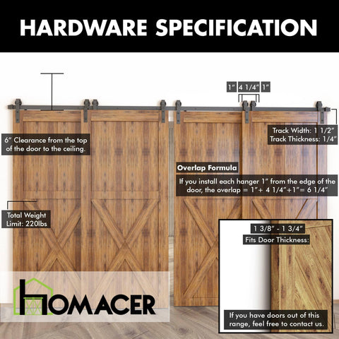 Black Rustic Single Track Bypass Sliding Barn Door Hardware Kit for Four Doors 10ft Long Flat Track Classic Roller Design.