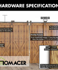 Detailed hardware specifications for Ultimate Black Rustic Single Track Bypass Sliding Barn Door Hardware Kit for Four Doors.