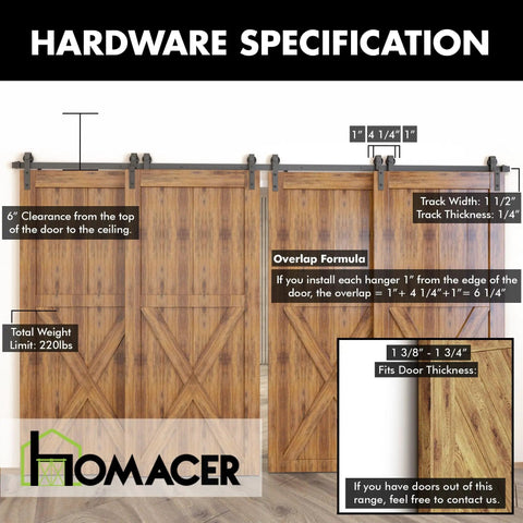 Detailed hardware specifications for Ultimate Black Rustic Single Track Bypass Sliding Barn Door Hardware Kit for Four Doors.