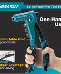 Hand holding 9.5 inch one handed rivet nut gun kit with 80 threaded nuts and 8 interchangeable mandrels, ergonomic grip visible.