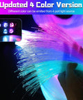Hand holding Headliner Kit With Four Color Fiber Optic Lights And Two In One Light Engine For Your Car Interior Glow Up strands illuminated.