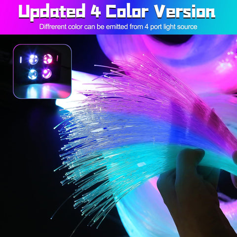 Hand holding Headliner Kit With Four Color Fiber Optic Lights And Two In One Light Engine For Your Car Interior Glow Up strands illuminated.