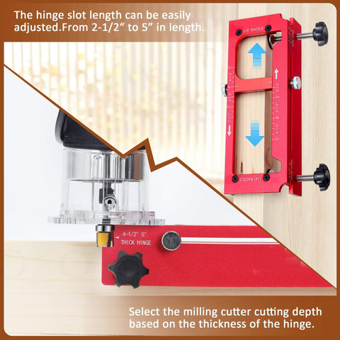 Pro Grade Premium Aluminum Door Hinge Jig For Routers Handy Templates That Fit Hinges From Two And A Half To Five Inches Includes Square And Radius One Quarter Inch And Five Eighths Inch Radii Durable 6061 Aluminum Alloy Anodized Finish mounted on door with measurements visible