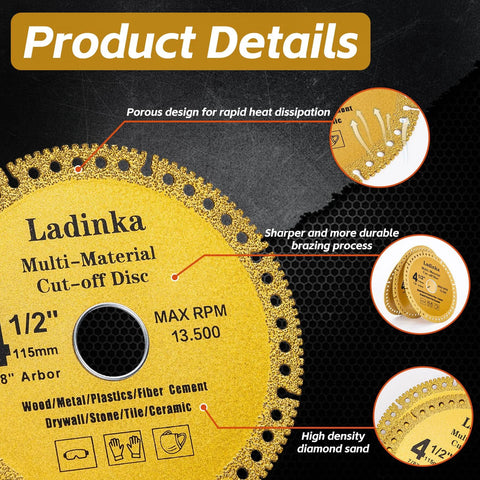 Front view of Ladinka four-pack 4-1/2 inch electroplated diamond grinding discs for multi-material cutting (metal, tile, stone, concrete).
