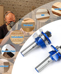 Two Piece Shaker Style Rail And Stile Router Bit Set with half inch shank, blue carbide cutters, various wood examples shown