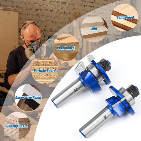 Two Piece Shaker Style Rail And Stile Router Bit Set with half inch shank, blue carbide cutters, various wood examples shown