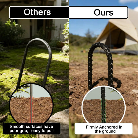 Comparison of standard ground stake vs Beefed Up U Shape Ground Stakes 8 Pack Galvanized Steel Anchors for High Winds and Anti Flip Security