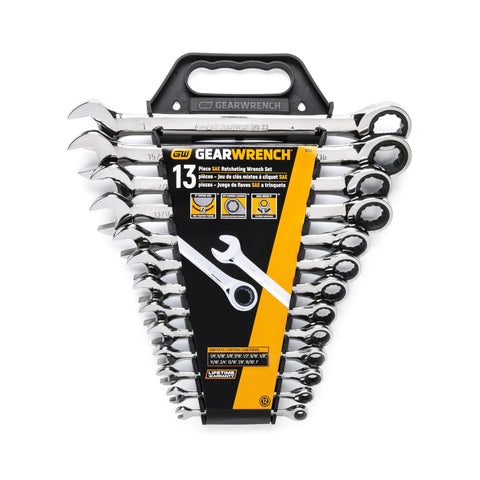 Ratcheting Wrench Set 13 Piece 12 Point SAE Tools For Mechanics With 72 Tooth Box End And Off Corner Loading. Image shows wrenches and packaging.