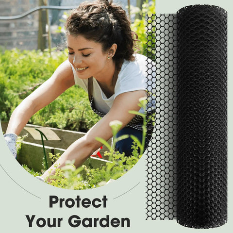 Plastic Chicken Wire Fence Mesh 15.7 In By 16.4 Ft Black Hexagonal Tough Netting 0.35 In Mesh shown with a gardener in action