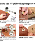 Instructions on using the 1203Pcs Grommet Eyelet Pliers Tool Kit with 1/4 inch eyelets and washers for fabric and leather.