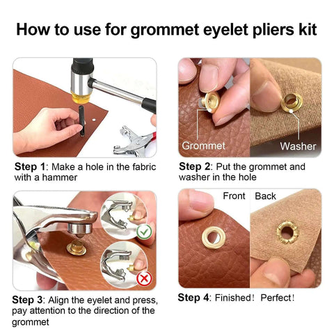 Instructions on using the 1203Pcs Grommet Eyelet Pliers Tool Kit with 1/4 inch eyelets and washers for fabric and leather.