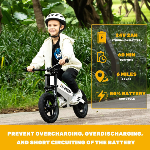 Electric Balance Bike For Kids 12 Inch Pneumatic Tires With 150W Peak Motor And 24V Battery 6 Mile Range Suspension Fork Adjustable Seat Kid Friendly Learn To Ride Toy For Ages 3 To 8, child riding outdoors