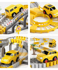 Construction Race Track Toy Set For Toddlers And Boys 2 To 6 With 200 Flexible Tracks including electric cars and trucks on a bridge