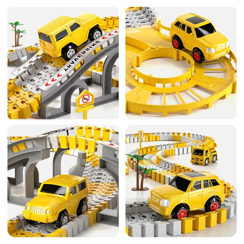 Construction Race Track Toy Set For Toddlers And Boys 2 To 6 With 200 Flexible Tracks including electric cars and trucks on a bridge