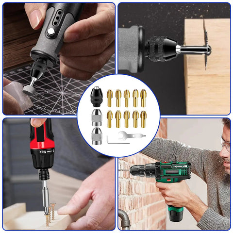 Drill Chuck Collet Set 15 Piece Kit With Brass Quick Change Nut For 1/32 To 1/8 Inch Shanks Replacement Keyless Chuck in use