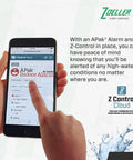 Indoor High Water Alarm System With Reed Sensor, Loud 80 DB Buzzer And Bright Red Visual Alert, Sends Text Email Or Push Notifications Via Z Control App, Monitors Basements Sump Pits Pump Rooms And Holding Tanks, 115 Volt With Battery Backup. Hand holding phone