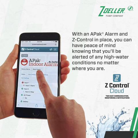 Indoor High Water Alarm System With Reed Sensor, Loud 80 DB Buzzer And Bright Red Visual Alert, Sends Text Email Or Push Notifications Via Z Control App, Monitors Basements Sump Pits Pump Rooms And Holding Tanks, 115 Volt With Battery Backup. Hand holding phone