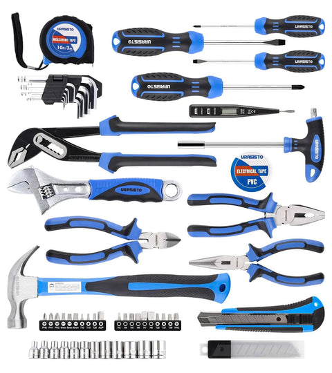 62 Piece Home Tool Set With Storage Toolbox Handy Diy Ready Kit For Home Garage Apartment And Dorm Includes Hammer Screwdrivers Pliers Tape Measure Hex Keys Sockets Bits And More For Quick Fixes And Everyday Projects