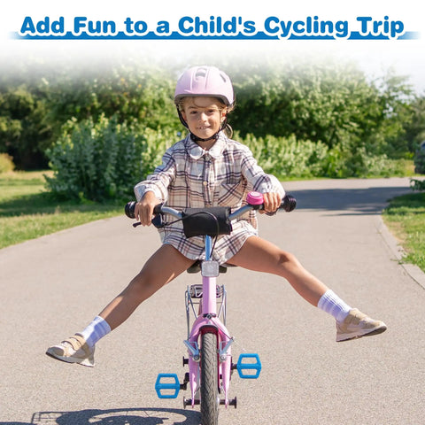 Kid Friendly 1/2 Inch Thread Universal Lightweight Non Slip Nylon Flat Pedals on children's pink bike, blue durable nylon body.