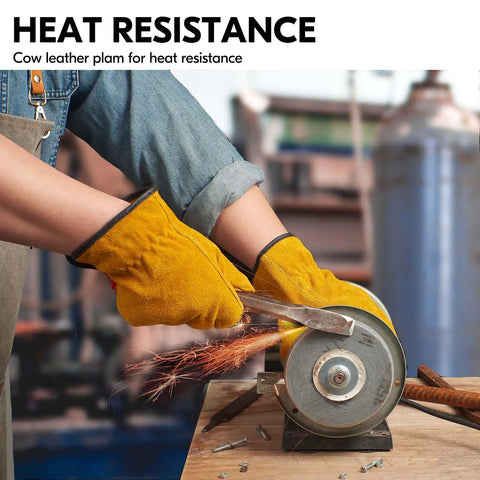3 Pack Unlined Cowhide Leather Work Gloves for Heavy Duty Driving, Warehouse, Farm, Gardening and DIY Projects, Size XL, Gold CB9501 being used for heat resistance task on grinder