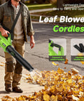 Man using Cordless Leaf Blower With Dual 5.2Ah Batteries And Charger 650 CFM Electric Blower 3 Speed Modes for patio cleanup